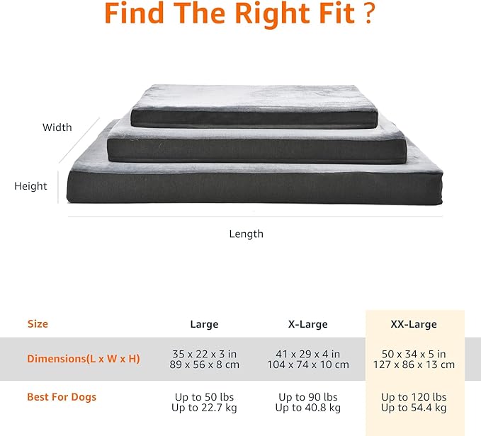 Amazon Basics Dog Bed with Cooling Gel Memory Foam, Pressure-Relief Support for Dogs up to 120lbs, Non-Slip Bottom, Machine Washable Cover, Giant Sized (50" x 34"), Grey-PawvioPets