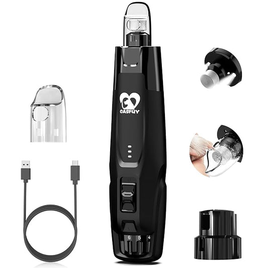 Casfuy New 6-Speed Dog Nail Grinder - 50% More Power Dog Nail Trimmers with 2 LED Lights Quiet 7h Running Time Electric Pet Nail Grinder File Toenail Grinder for Large Medium Small Dogs & Cats (Black)-PawvioPets