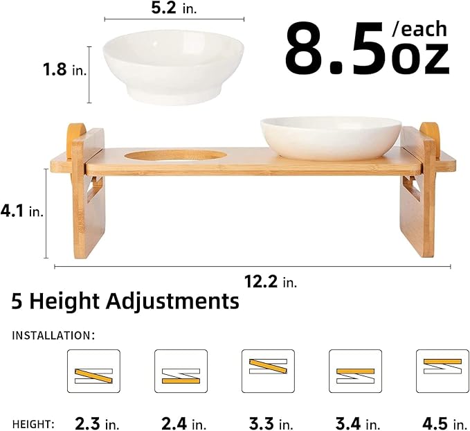 FUKUMARU Elevated Cat Ceramic Bowls, Small Dog 15° Tilted Raised Food Feeding Dishes, Solid Bamboo Water Stand Feeder Set for Cats and Puppy-PawvioPets