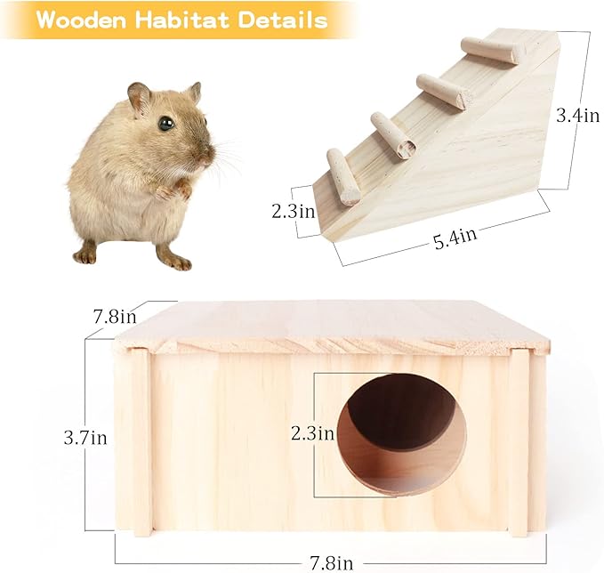 Fhiny Wooden Hamster Hideout for Small Animal, Gerbils Chamber Hut with Ladder Habitats Decor, Maze Climbing Toys for Dwarf Syrian Hamsters Mice and Other Small Pets-PawvioPets