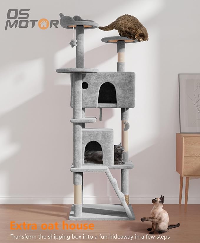 70'' Cat tree Tower for Indoor Cats Large Adult,Cute/Tall Modern Cat Tree for Big Cats 20 lbs,Plush Multi-Level Cat Condo with Scratching Posts,Dangling Ball for fun play(Light Gray, 70 inch)-PawvioPets