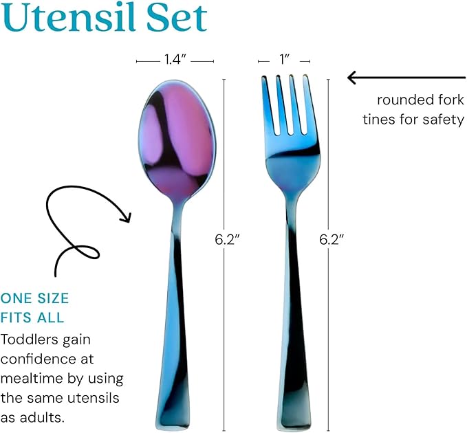 Ahimsa Stainless Steel Kids Utensils - Kids Fork and Spoon Set, Pediatrician Designed Toddler Utensils, 100% BPA Free & Dishwasher Safe (Iridescent Blue)-PawvioPets
