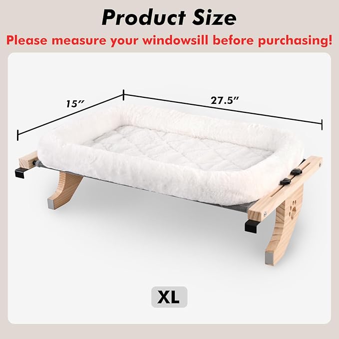 AMOSIJOY Cat Sill Window Perch Sturdy Hammock Window Seat with Cushion Cover, Wood & Metal Frame for Large Cats, Easy to Adjust Cat Bed for Windowsill, Bedside, Drawer and Cabinet (XL)-PawvioPets