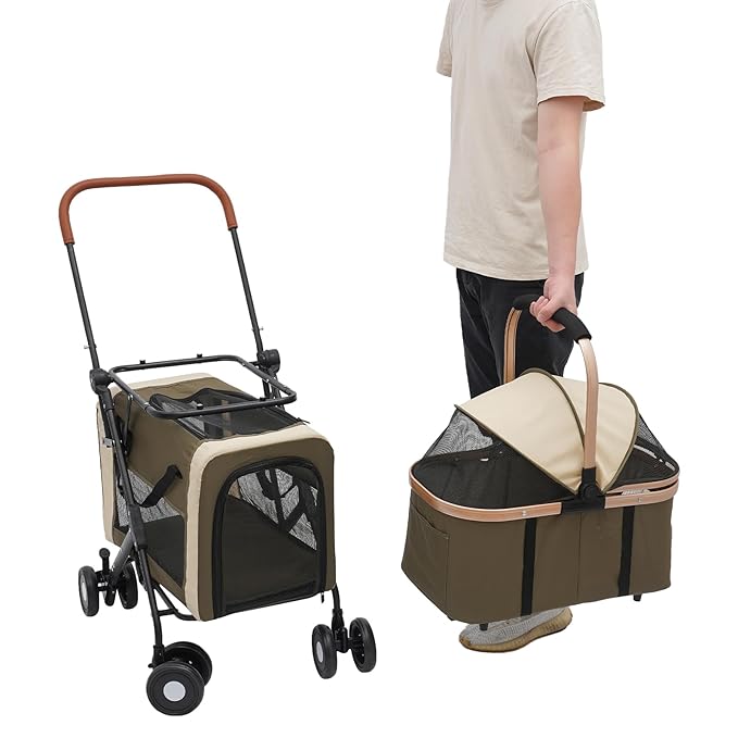 Double Pet Stroller for Dogs and Cats, Foldable Dog Stroller Travel Carriage with Detachable Carriers, Safety Belts, and 4 Lockable Wheels for Small to Medium Pets (Dark Green)-PawvioPets