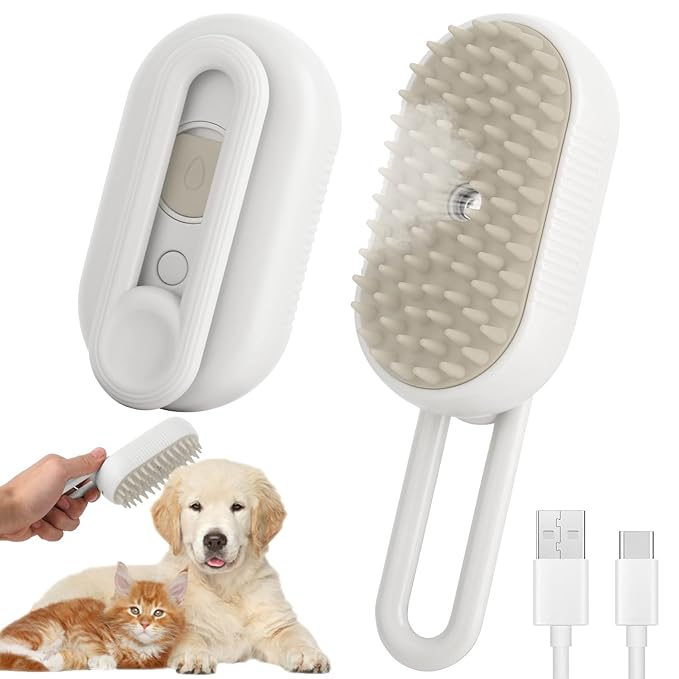 4 in 1 Cat Steam Brush for Shedding, Cleaning, Massage & Smooth, USB Rechargeable Pet Spray Hair Removal Comb, for Indoor Long/Short Haired Cats & Dogs (White)-PawvioPets