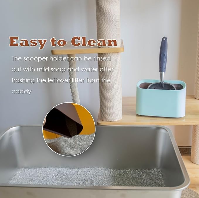 Aluminum Cat Litter Scoop in Holder, Non-Stick Cat Poop Scooper with Holder, Fast Sifting Kitten Poop Lifter and Caddy (Blue)-PawvioPets