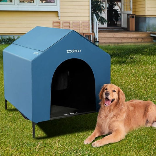 42" 2-in-1 Dog House for Medium Dogs, Elevted Dog House Outdoor/Indoor, Puppy Shelter Outside,Water Resistant 600D PVC and Durable 2x1 Textilene Raised Dog Bed(Blue)-PawvioPets