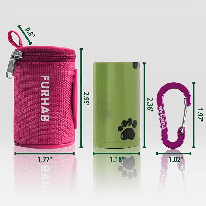 Dog Poop Bag Holder for Leash Doggie Waste Bag Dispenser Soft Fabric Puppy Potty Carrier Small Doggy Zipper Pouch with Carabiner Clip 1680D Nylon Oxford with 1 Roll of Pet Trash Bags, Rose Red-PawvioPets