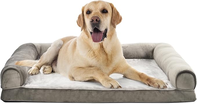 Amazon Basics Dog Bed with Cooling Gel Memory Foam, Pressure-Relief Support for Dogs up to 90lbs, Non-Slip Bottom, Machine Washable Cover, Extra Large Sized (44" x 35"), Brown-PawvioPets