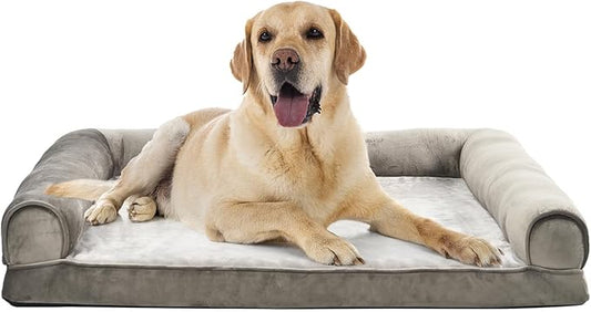 Amazon Basics Dog Bed with Cooling Gel Memory Foam, Pressure-Relief Support for Dogs up to 90lbs, Non-Slip Bottom, Machine Washable Cover, Extra Large Sized (44" x 35"), Brown-PawvioPets