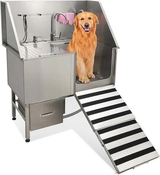 50" Dog Washing Station, Professional Stainless Steel Pet Dog Bathing Station with Ramp, Faucet, Storage Drawer, Floor Grate Dog Bathtub for Large, Medium, Small Pets (Right Ramp)-PawvioPets