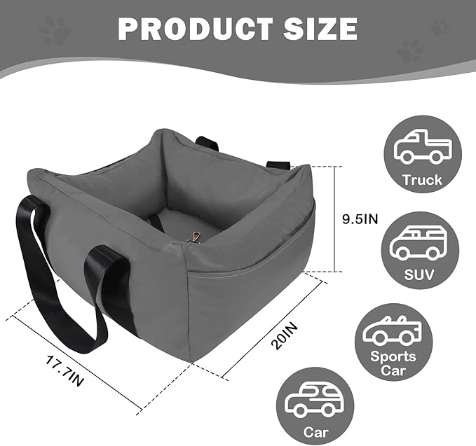 Dog Car Seat for Small Dogs, Large Leather Dog Car Bed with Storage Pocket, Waterproof PVC Leather Booster Seat Travel Bed for Front & Back Seat, Clip-On Safety Leash (Black/Grey)-PawvioPets
