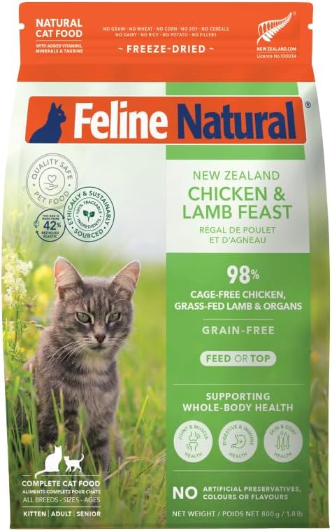 Feline Natural High Protein Dry Cat Food, Freeze-Dried Diet with 98% Meat, Organs & Seafood, No Peas, Grains, or Artificial Additives, Made in New Zealand, Chicken & Lamb, 1.8lb-PawvioPets