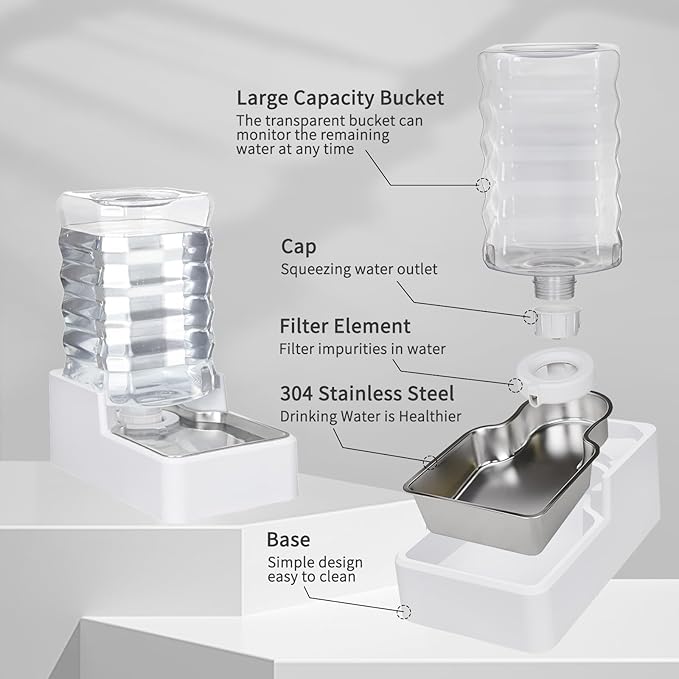 Automatic Dog and Cat Dispenser: 8L White Gravity Feeder with Stainless Steel Bowl - BPA-Free - No Spill Design for Cats and Dogs - Indoor and Outdoor Hydration-PawvioPets