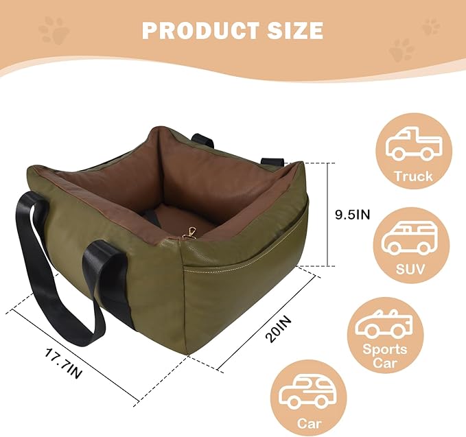 Dog Car Seat for Small Dogs, Large Leather Dog Car Bed with Storage Pocket, Waterproof PVC Leather Booster Seat Travel Bed for Front & Back Seat, Clip-On Safety Leash (Green/Brown)-PawvioPets
