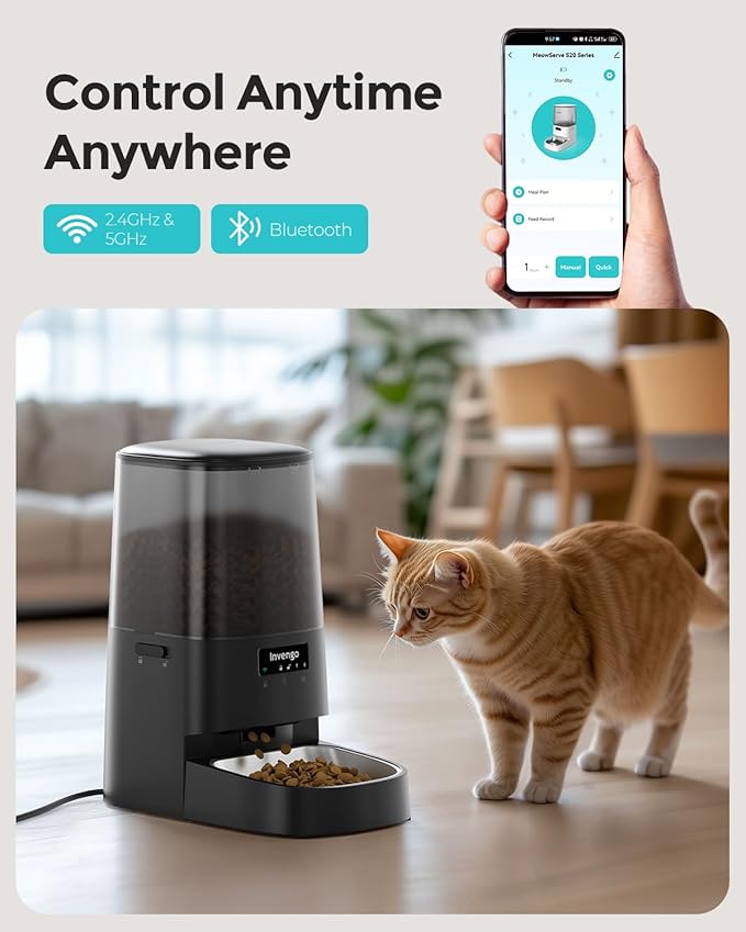 Cat Feeder Automatic - Cat Food Dispenser MeowServe S20, Auto Dog Feeder with Stainless Steel Bowl, 5L Pet Feeder with Patented Anti-Jam Port, App, Dual Lock Lid, Dual-Band WiFi & Power Supply-PawvioPets