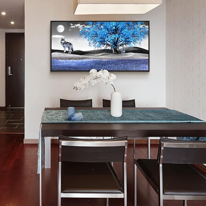 Frame Canvas Wall Art For Living Room Family Wall Decorations For Bedroom Modern Office Wall Decor Paintings Blue Tree Landscape Pictures Artwork Canvas Art Prints Home Decor Black Framed 24" X 48"-PawvioPets