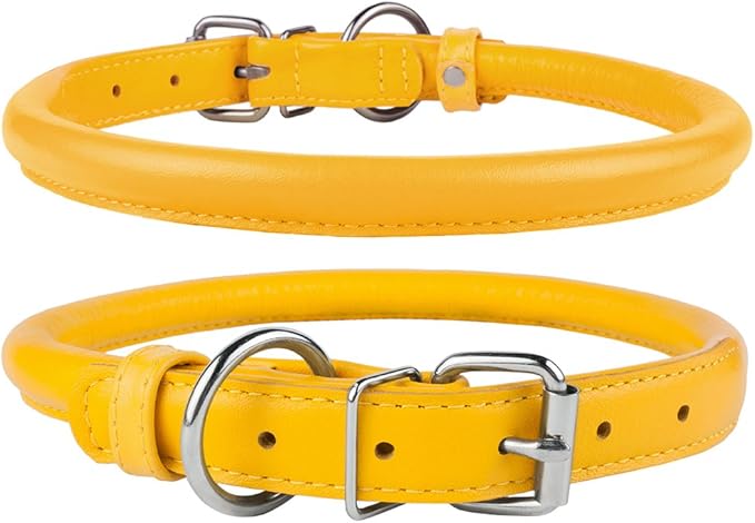 CollarDirect Rolled Leather Dog Collar, Soft Padded Round Puppy Collar, Handmade Genuine Leather Collar Dog Small Large Cat Collars 13 Colors (13-16 Inch, Pink Textured)-PawvioPets