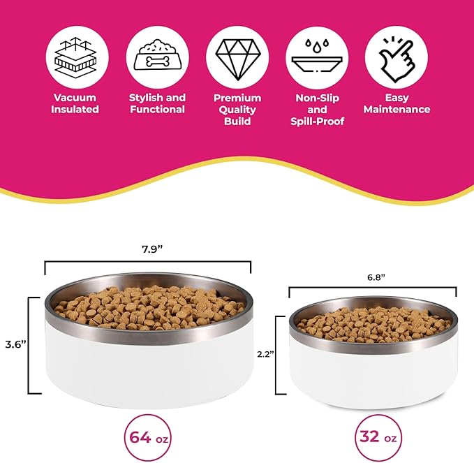64 oz White Dog Bowl for Medium and Large Dogs, Non Slip Double Wall Vacuum Insulated Stainless Steel Dog Bowl That Keeps Water Cool (64 oz, White)-PawvioPets