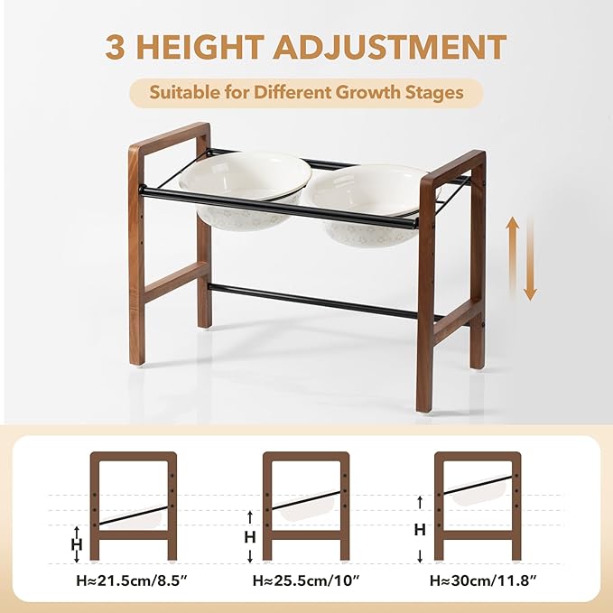 8.7inch Ceramic Adjustable Raised Double Bowls Set with Stand, 3 Heights Elevated, 2 Placement Options, Food and Water Dishes for Large Dog(Double Bowls+Stand, Reactived Glaze -White)-PawvioPets