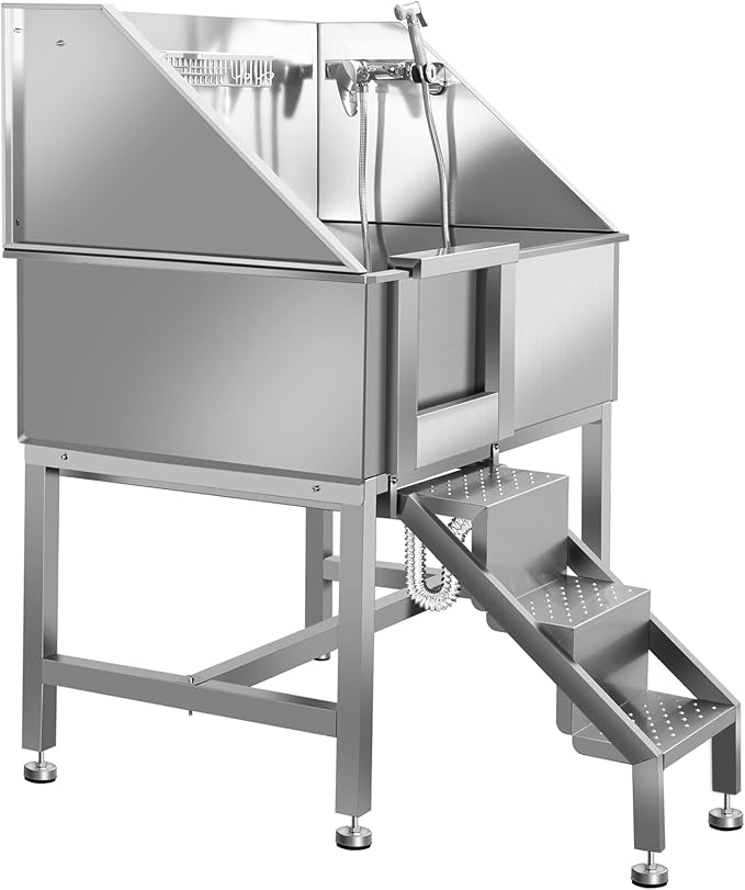 38" Dog Washing Station, Professional Stainless Steel Dog Bathing Station, Equipped with Three Anti-Slip Steps, Removable Door, Upgraded Spray Nozzle&Hose - Ideal for Home, Pet Grooming Salon,L-RAMP-PawvioPets