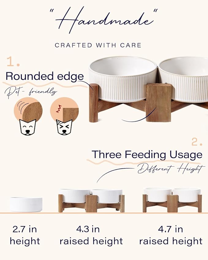 Getstar Ceramic Dog Bowls with Acacia Wood Stand, 30 fl oz, Set of 2, Dog Food Bowl, Cat Bowls (6.5 inches) (Vintage White)-PawvioPets