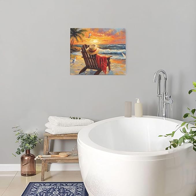 Beach Coastal Bathroom Pictures Wall Art, Seaside Ocean Bathroom Wall Decor, Sunrise Palm Framed Painting Canvas Artwork for Bedroom Living Room Decorations 24"L x 20"W-PawvioPets