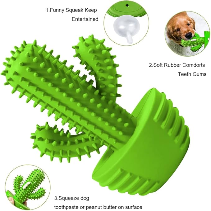 Dog Chew Toys, Toothbrush Stick Teeth Cleaning Brush Dental for Small Medium Large Dog, Rubber Squeaky Toys for Aggressive Chewers Cactus Tough Toys-PawvioPets