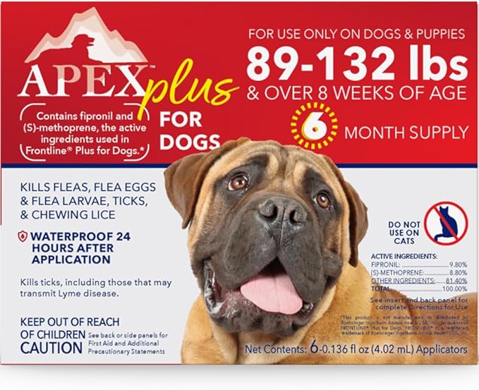 Apex Plus Flea and Tick Prevention for X-Large Dogs (89-132 lbs) | 6-Month Supply | Waterproof, 24-Hour Activation, 30-Day Protection-PawvioPets