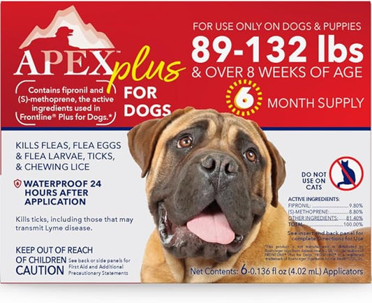 Apex Plus Flea and Tick Prevention for X-Large Dogs (89-132 lbs) | 6-Month Supply | Waterproof, 24-Hour Activation, 30-Day Protection-PawvioPets