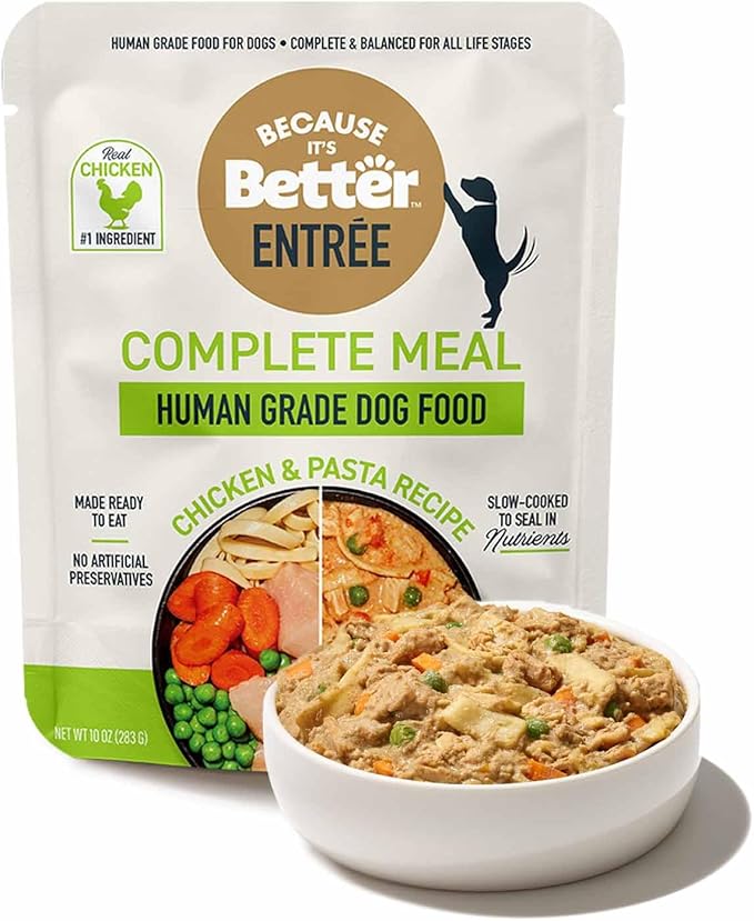 Because it's Better Entrée Complete Meal, Chicken & Pasta Recipe, Human Grade Wet Dog Food, 10 oz Pouches, 6 Count-PawvioPets
