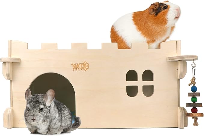 Castle Chinchilla House - Small Animal Hideout for Chinchilla Guinea Pig Hedgehog, or Rat - Ventilated Wooden Guinea Pig Hut Habitat with Multiple Doors (Large)-PawvioPets