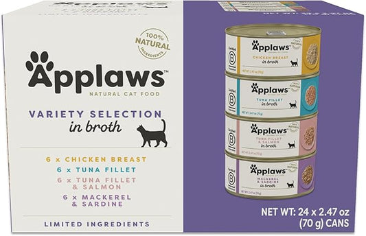 Applaws Natural Wet Canned Cat Food, Made with Limited and Natural Ingredients, Real Protein with No Artificial Additives, Variety Broth Recipe (24 Count, 2.47 oz Cans)-PawvioPets