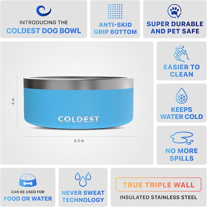 Coldest Dog Bowl - Anti Rust Metal, Non Slip, 3 Layers Insulated Stainless Steel Dog Bowls - Spill Proof & Heavy Duty - Water Bowl for Dogs, Cats & Pets, Dish Washer Safe (100 oz, Celestial Blue)-PawvioPets