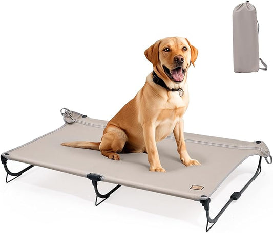 Daisy Cot, Large Foldable Elevated Dog Bed, Portable Raised Outdoor Folding Dog Cot, Cooling, Chew Proof, Waterproof, Heavy Duty Up to 160 Lbs for Camping/Home, Brown, 43"x27"x7”-PawvioPets
