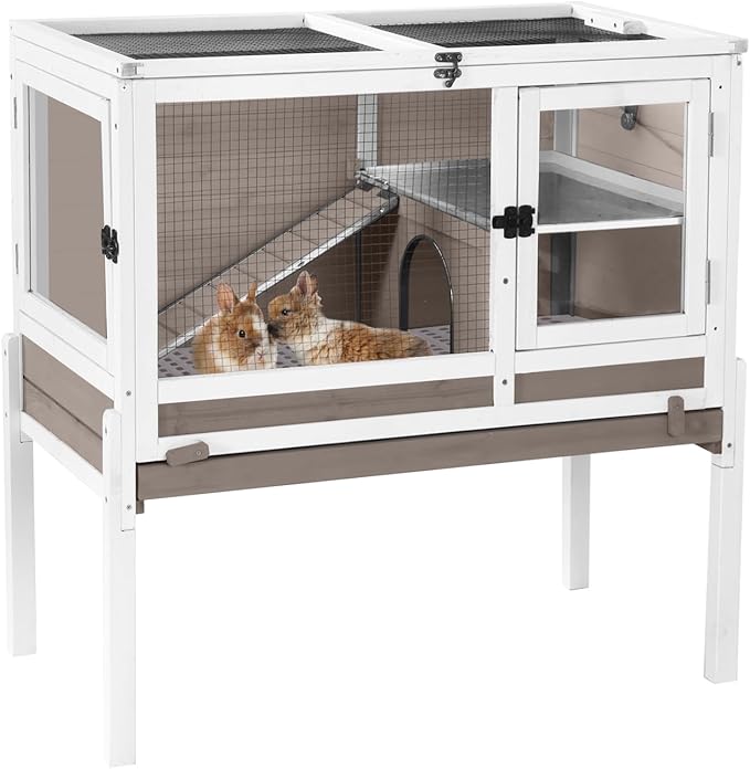 Aivituvin Rabbit Hutch with Stand Wooden Bunny Cage Indoor 2 Story Guinea Pig House with Anti Chew Ramp, No Leak Tray, Hideout, Wire Mesh (Brown)-PawvioPets