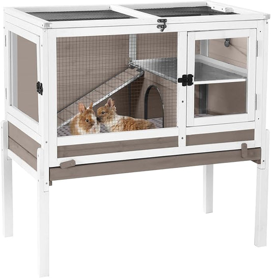 Aivituvin Rabbit Hutch with Stand Wooden Bunny Cage Indoor 2 Story Guinea Pig House with Anti Chew Ramp, No Leak Tray, Hideout, Wire Mesh (Brown)-PawvioPets
