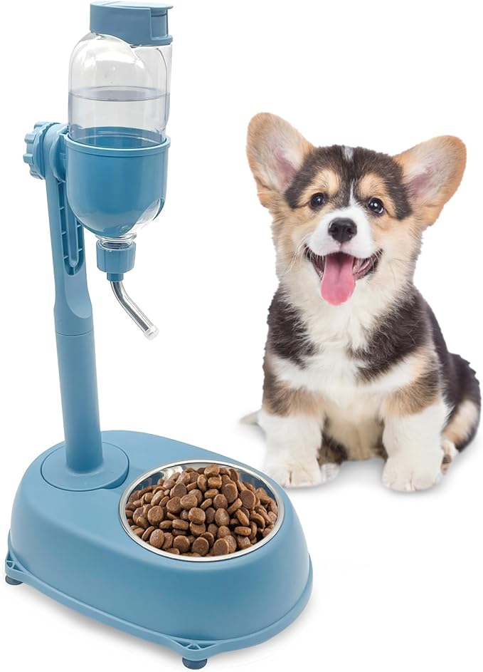 Fhiny Dog Water Feeder Bottle with Stand, Dispenser Automatic Water Food Bowl for Cage No-Drip Leak-Proof Adjustable Raised Pet Slow Water Bottle Dog Kennel Durable Drinker (Blue, 17oz)-PawvioPets