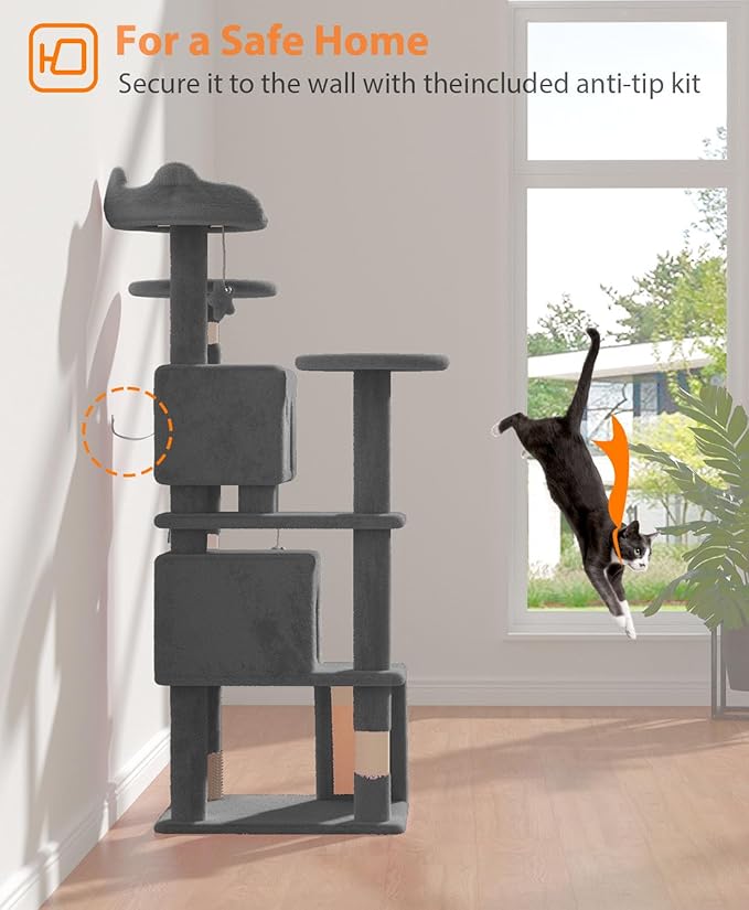 54" Cat Tree Tower for Indoor Cats Large Adult,Cute/Tall Modern Cat Tree for Big Cats 20 lbs, Plush Multi-Level Cat Condo with Scratching Posts,Hammock, Dangling Ball (Smoky Gray, 54 inch)-PawvioPets