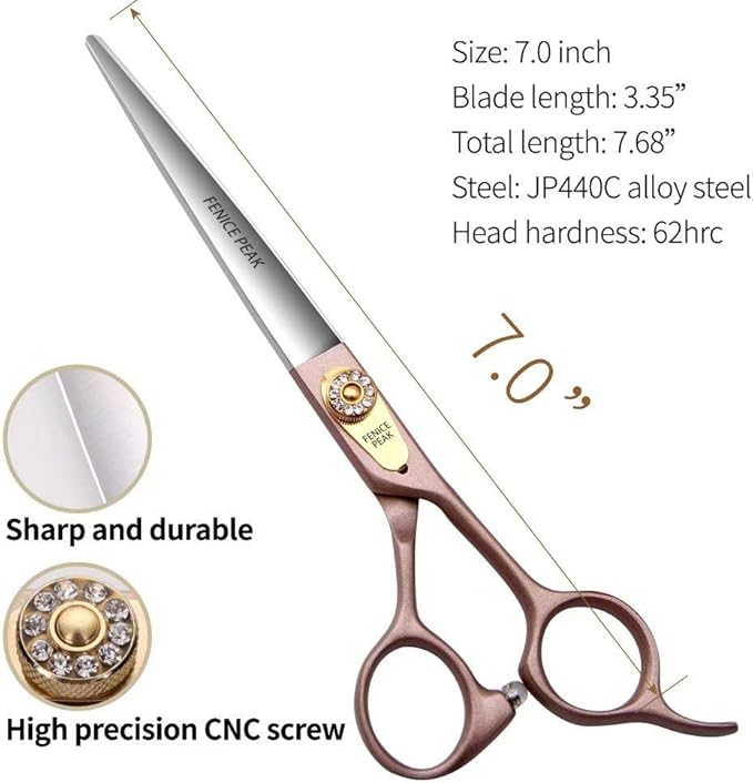 Fenice Peak 7'' Dog Straight Scissors for Grooming 440C Stainless Steel Rose Gold Professional Pet Trimming Scissors Sharp Blades Cutting for Dogs and Cats Shears-PawvioPets