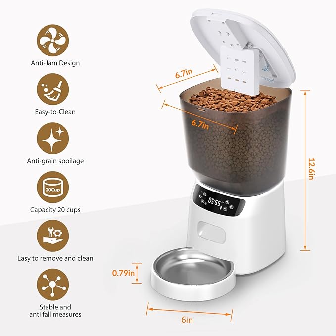 Automatic Cat Feeder, Cat Food Dispenser with Stainless Steel Bowl, Timed Portion Control 20 Portions 6 Meals Per Day, Voice Recorder, Dual Power Supply for Small Dogs (White)-PawvioPets