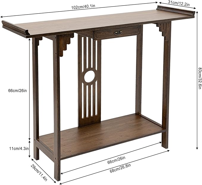 Console Table with Storage Shelves, 2 Tiers L 40.1” Narrow Sofa Table with Drawers, Bamboo Entryway Table for Small Spaces, Living Room Hallway Foyer Corridor Wood Entry Table-PawvioPets