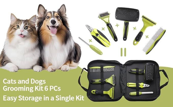 6 PCS Dog and Cat Grooming Kit, Versatile Tools Including Shedding Brush, Nail Clipper with Nail File, Slicker Brush, Dematting Comb-PawvioPets