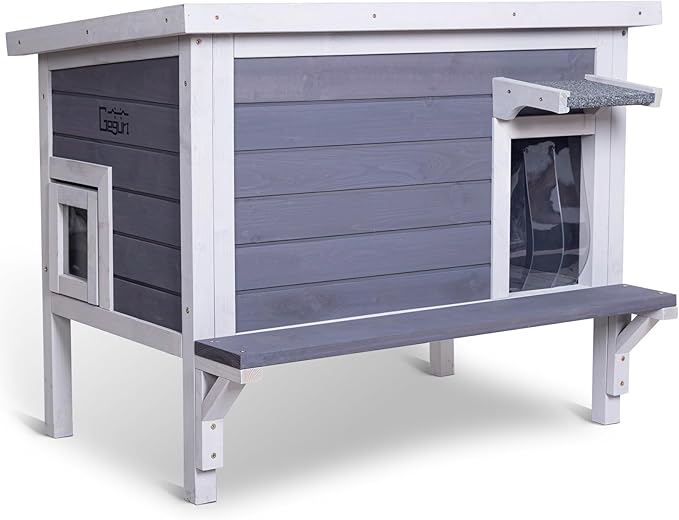 GEGURI Insulated Cat House Outdoor Weatherproof Feral Cat Shelter for Winter Large Wooden Enclosure with Escape Door-PawvioPets