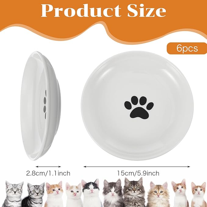 6 Pack Cat Food Bowl, Ceramic Cat Bowls, Anti Whisker Fatigue Cats Bowl Set, 5.9 Inches Shallow Wide Kitten Plates for Food and Water-PawvioPets