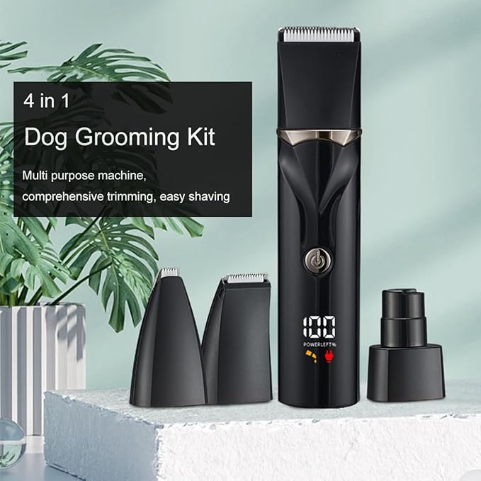Dog Grooming Kit with LCD Display, 4 in 1 Dog Hair Trimmer for Paw Nail Grinder, Rechargeable Cordless Pet Cat Clippers, Professional Pet Paw Trimmer Nail Grinder Low Noise. Black-PawvioPets