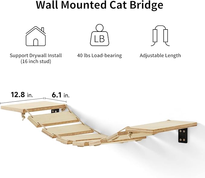 FUKUMARU Cat Bridge Wall Mounted, 12.8-Inch Expanded Feline Perch & Climbing Steps for Custom Kitten Highway Systems, Multi-Level Wall Shelves Furniture-PawvioPets