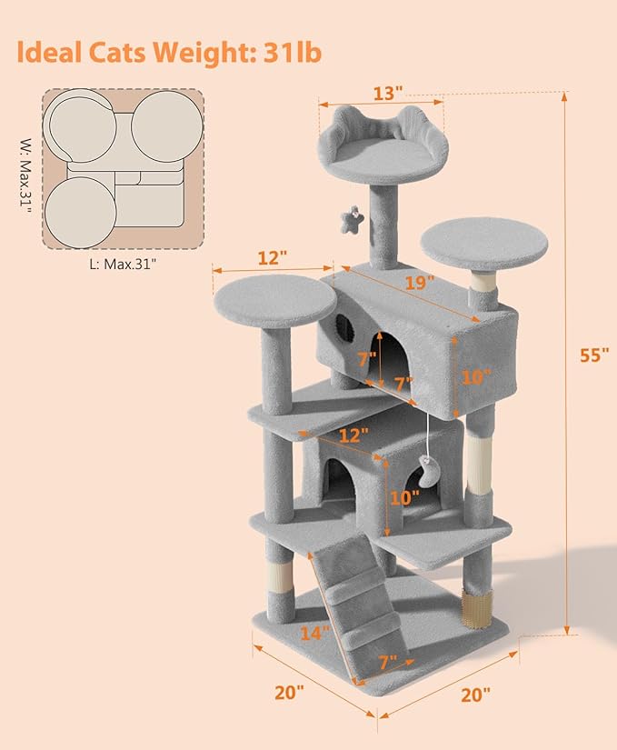 54" Cat Tree Tower for Indoor Cats Large Adult,Cute/Tall Modern Cat Tree for Big Cats 20 lbs, Plush Multi-Level Cat Condo with Scratching Posts, Dangling Ball for Fun (Light Gray, 54 inch)-PawvioPets