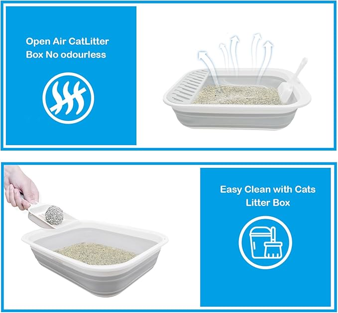 Collapsible Cat Litter Box,Open Potty Pan Cat Toilet Foldable Portable Cats Litter Box Travel Litter with Scoop,Waterproof Low Entrance for Kitten and Cat Toilet Easy Clean 17.7"×13.4"x4.9"(Grey)-PawvioPets