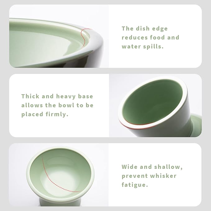 Extra Wide Elevated Ceramic Cat Food Bowl - 6.2" Shallow Dish for Whisker Fatigue Relief, 5" Height for Easy Feeding, Lead & Cadmium Free, Durable Raised Cat Food Bowls, Sage Green-PawvioPets